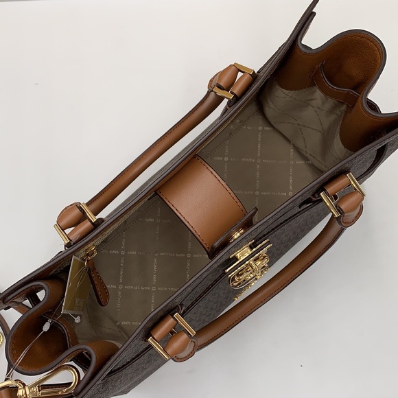 Michael Kors Hamilton Med Satchel Shoulder Crossbody Bag luggage/Brown Signature - Picture 5 of 16